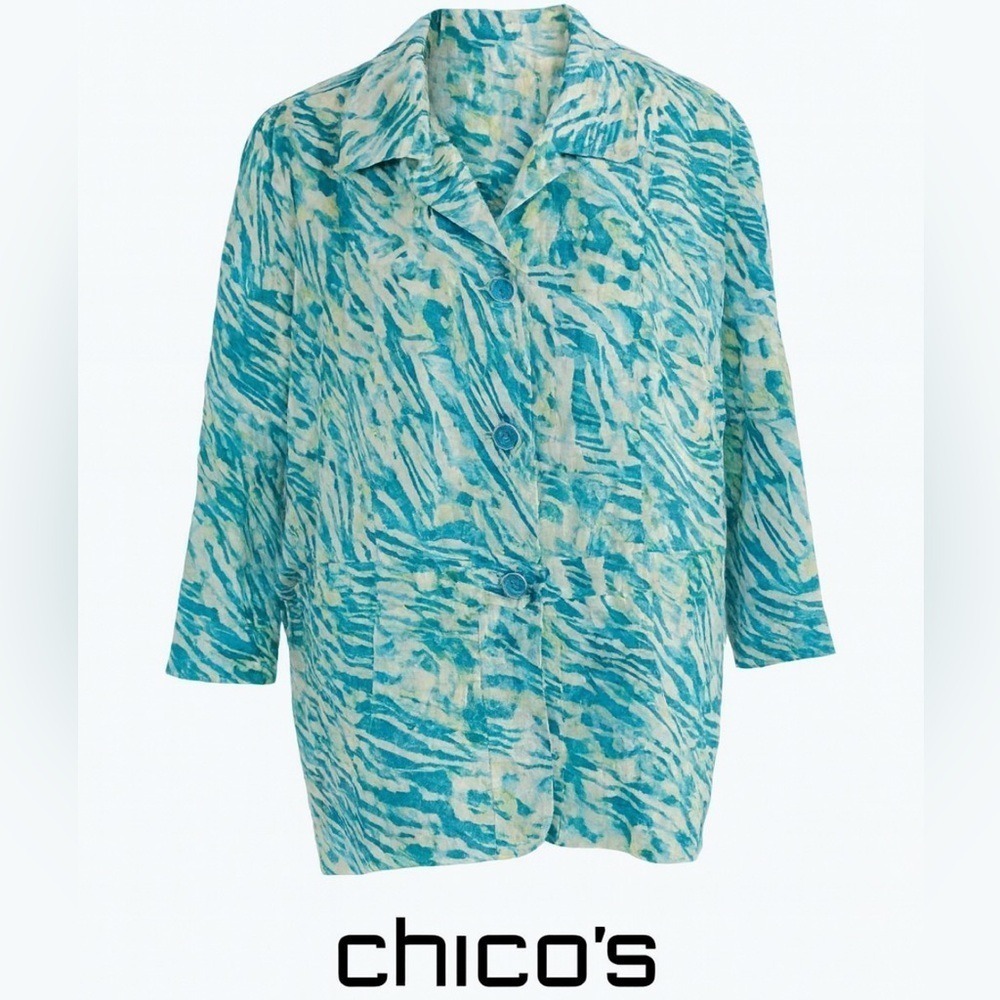 Chico's Size 3 Turquoise Linen-Blend Shirt Jacket with Cinch Waist & Tab Sleeves